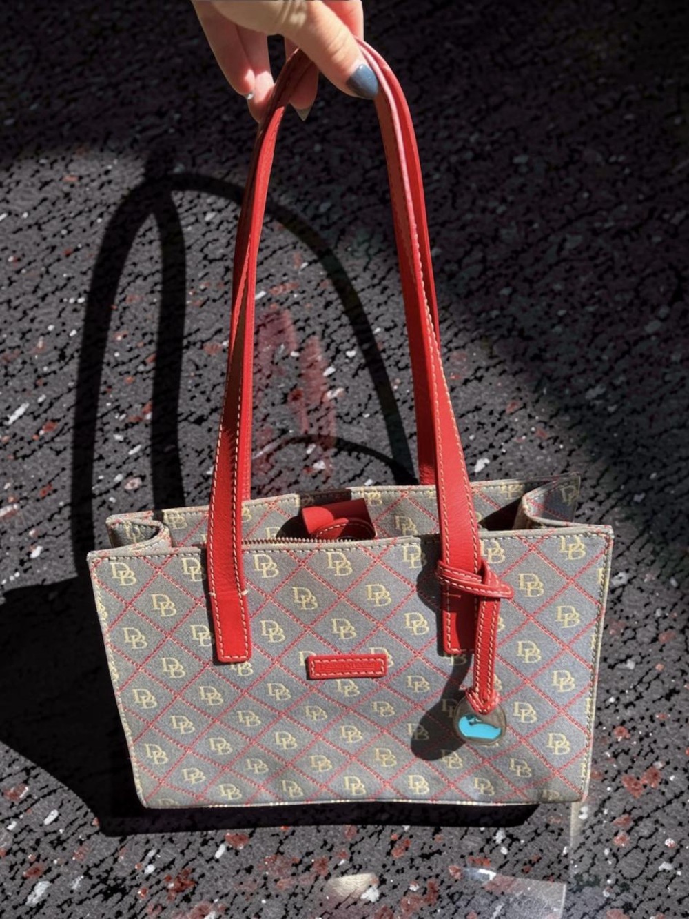 Dooney & Bourke Gray and Red Monogram Tote with Red Leather Trim